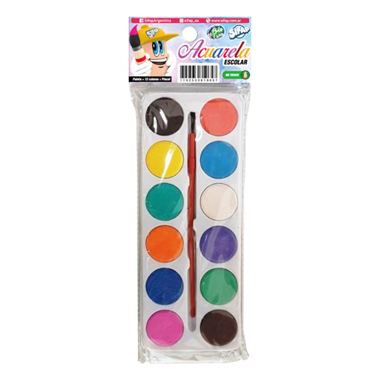 Acuarela escolar 12 colores con pincel